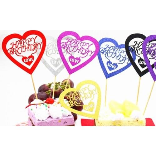 1pc Multi Colors Happy Birthday In Heart Cake Flag Topper Heart Flags For Wedding Birthday Party Cake Baking Decor Supplies