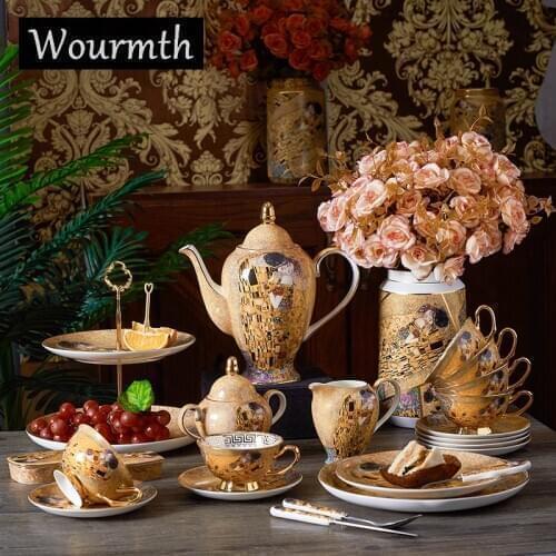 Wourmth 16pc Romantic Afternoon Tea Set Bone china Coffee Pot Dessert plate Set Household Ceramic European Luxury Coffeeware Set