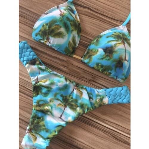 2019 Brazilian Bikini Sexy Halter Swimsuit Women Thong Micro Bikini Push Up Tropical Plant Print Swimwear String Mini Swimsuit