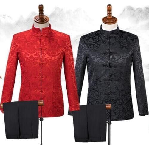 Blazer men Chinese tunic suit set with pants mens wedding suits Buckle singer star style stage clothing formal dress black red