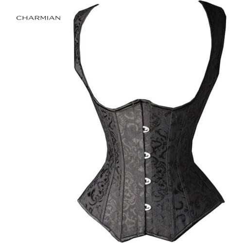 Charmian Womens Retro Steampunk Underbust Corset Vest Vintage Spiral Steel Boned Brocade Burlesque Waist Cincher Shapewear