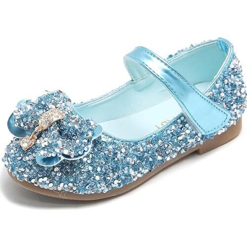 Children Leather Shoes For Girls Toddlers Big Kids Dress Shoes For Wedding Party Glitter Sequined Fabric With Bow-knot Mary Jane