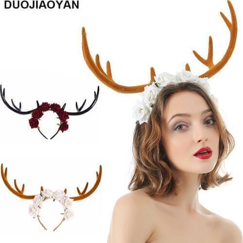 DUOJIAOYAN Christmas headdress artificial flower rose headband personality exaggerated antlers headband holiday party headdress