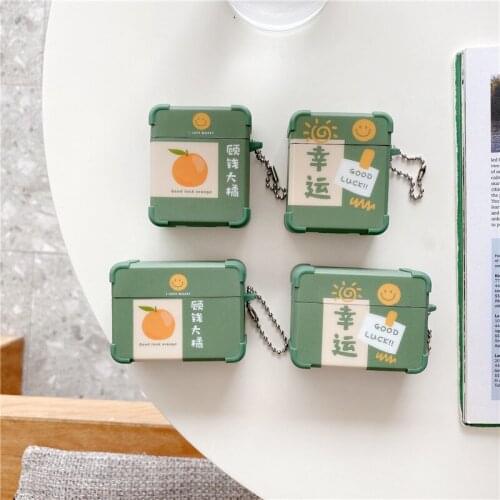 Ins Art Painting Orange Smiley Leather Earphone Case for Airpods 1 2 Pro Green Bluetooth Earphone Cover with Hook
