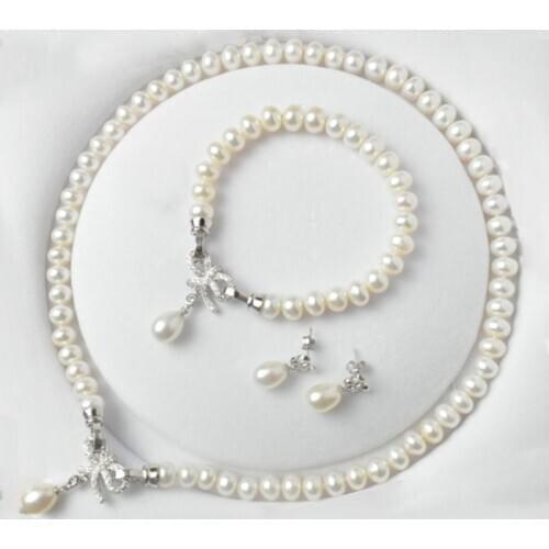 Classic Pearl Jewelry Sets Genuine Natural Freshwater Pearl Jewelry 925 Sterling Silver Earrings Bracelet Necklace For Women