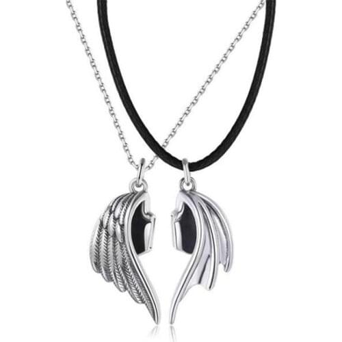 Creative Romantic Devil And Angel Necklace Silver Color Chain Leather Rope Couple Necklace 2-Piece Set Jewelry Gifts