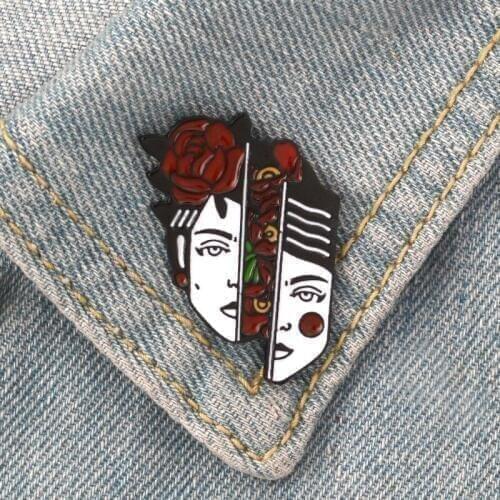 Cool Punk Divided Woman Head Enamel Pin rose Flowers Badge Brooch Bag shirt hat Clothes Jewelry Gift for Friends kids trinket