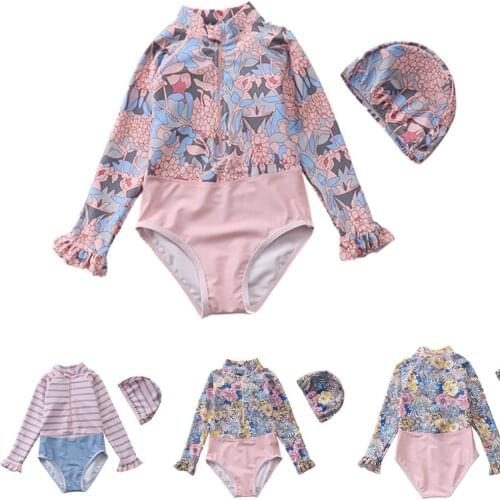 Summer Children Swimsuit Girl One-Piece Swimsuit Sunscreen Long-Sleeve Swimsuit Kids Beach Swimwear