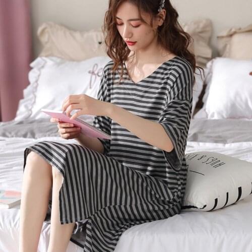 Summer Modal Nightdress Women Viscose Short Sleeve Striped Loose Comfy Sleepdress Girl Home Dressing Gown Night Dress Sleepwear