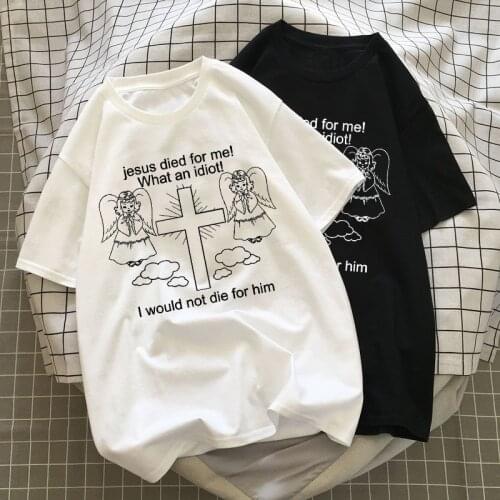 Ulzzang Summer Jesus Died For Me Art Loose Letter Angel Print Top Harajuku Cartoon Goth Cotton Fun Harajuku Casual Women T-shirt