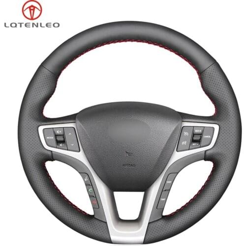 LQTENLEO Black Gneuine Leather Hand Sew Car Steering Wheel Cover For Hyundai I40 2011-2019