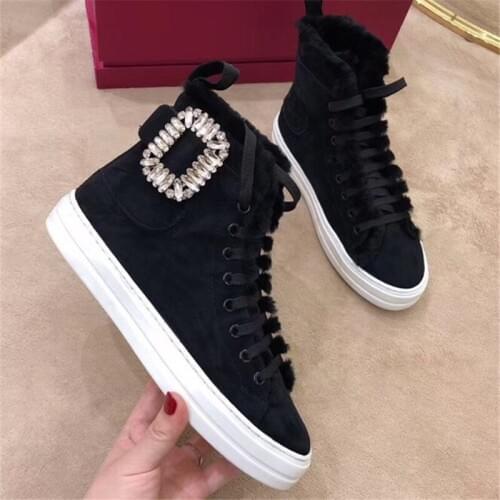 Fashion High Top Sneakers Square Buckle Bling Crystal Decor Martin Boots Leather Women Ankle Boots Warm Fur Winter Boots