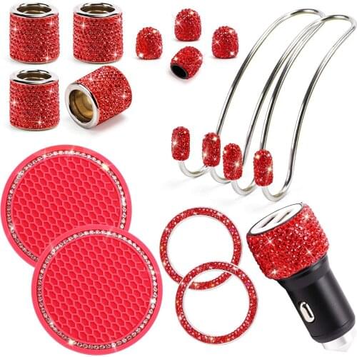 15pcs Red Bling Car Accessories Set for Women Headrest Hooks Decor USB Charger Diamond Ring Trim Styling
