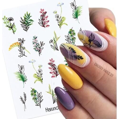 1Pc Spring Water Nail Decal And Sticker Flower Leaf Tree Green Simple Summer DIY Slider For Manicuring Nail Art Watermark