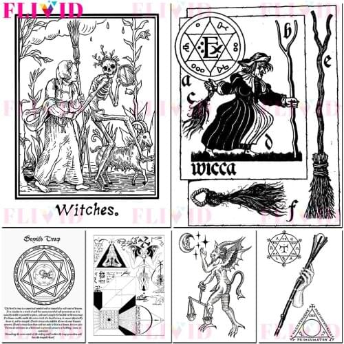 The Witch With Death Wall Art Canvas Painting Wiccas Magic Broom Witchcraft Mantra Magic Circle Poster And Print Decor Unframed