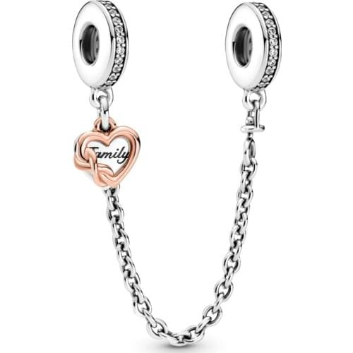 Original Rose Bowknot Family Heart With Crystal Safety Chain Beads Fit 925 Sterling Silver Charm Europe Bracelet Diy Jewelry