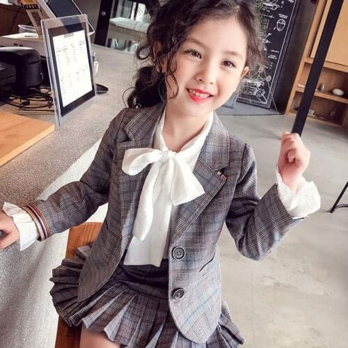 2019 Autumn Kids Baby Girl Clothes Long Sleeve Plaid Jackets+ Skirts Formal 2PCS Teenager Suits Student Girls' Clothing Sets