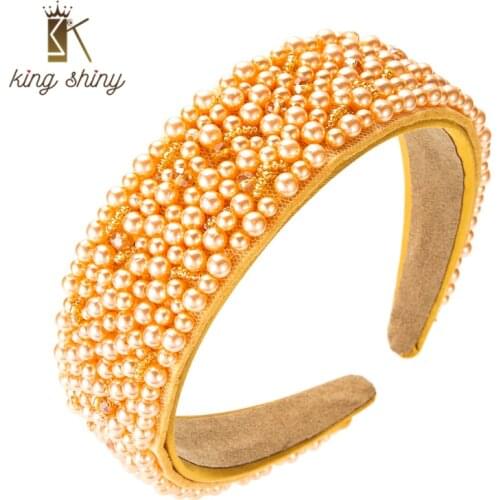 King Shiny Luxury Baroque Full Simulated Pearl Headband Vintage Hand Made Crystal Beaded Wide-brimmed Hairband Girls Tiara Bezel