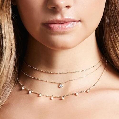 Multi-layer Gold Silver Color Pearl Crystal Beads Pendant Necklace Women Dainty Classic Choker Necklace Valentines Day Gift