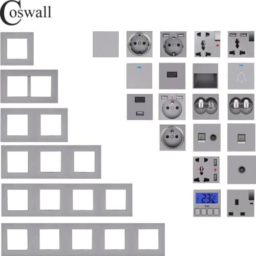 COSWALL E20 Series Grey PC Panel Wall Switch EU French Socket HDMI-compatible USB Charger Female TV RJ4 Modules DIY