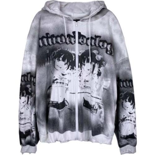 Zip-up Women 90s Grunge Hoodies Vintage Print Solid Long Sleeve Oversized Hooded Sweatshirt Y2K Lady Women Casual Large Jacket