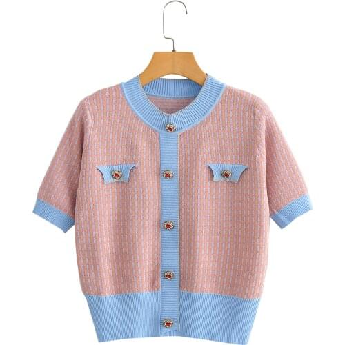 JC·KILIG Thin Small Knit Short Sleeve Cardigan Summer 2021 New Checkered Round Collar Rhinestone Button T-Shirt Y1011