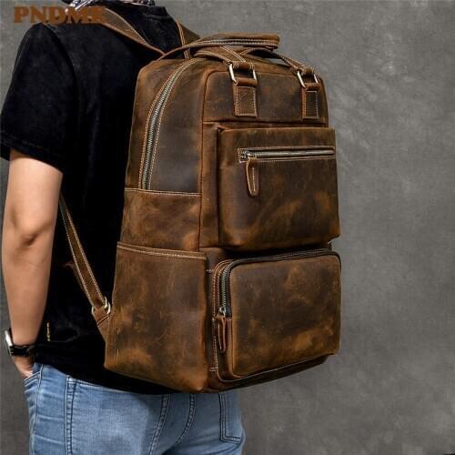 Vintage super large capacity mens genuine leather backpack outdoor travel natural crazy horse cowhide multi-function bagpack