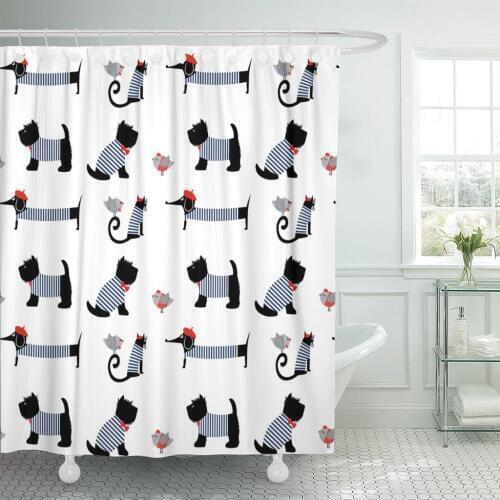 French Dressed Animals Cute Cartoon Parisian Dachshund Cat Birds Shower Curtain Polyester 72 x 78 inches Set with Hooks