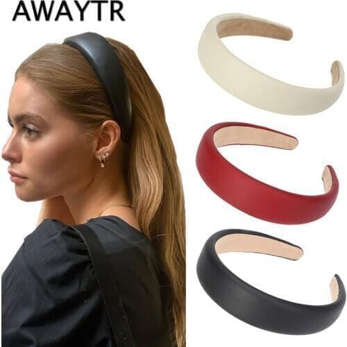 AWAYTR New Faux Leather Headbands Elegant Simple 3.3CM Width PU Leathers Women Hairbands Fashion Wide Hair Hoops Female Headband