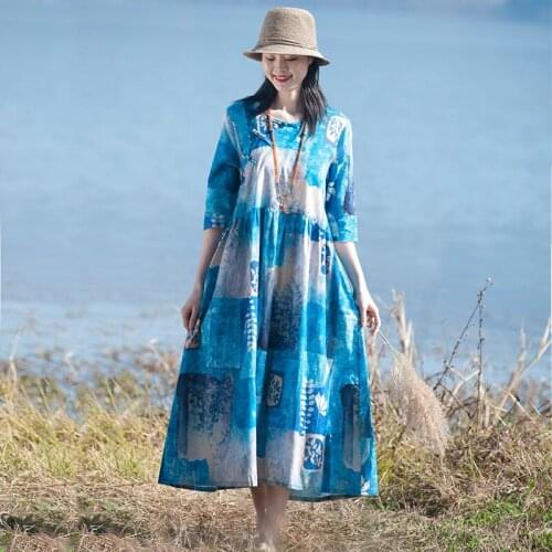Women 2020 Spring Cotton Linen Dress Ladies Printed Loose Half Sleeve Dresses Female Print Retro Dress