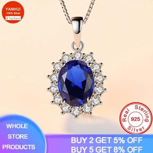 YANHUI Luxury Oval Cut 3.2ct Lab Sapphire Pendant Necklace Fine Silver 925 Jewelry Blue Zircon Gemstone Necklace Women Gift