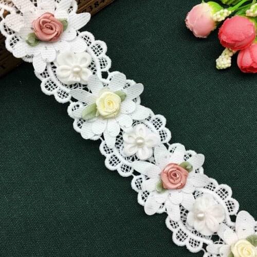 1 yd 3D Soluble Polyester Colorful Flowers Pearl Lace Trim Ribbon Fabric Embroidered Sewing Craft For Costume Hat Wedding Dress