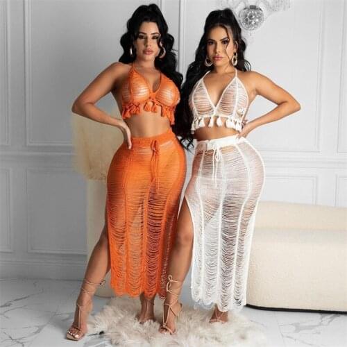 2021 Women Sexy See Through Tassel Knitted Beach Dress Two Piece Set Lace Up Bra Top High Split Maxi Skirt Vocation Suit