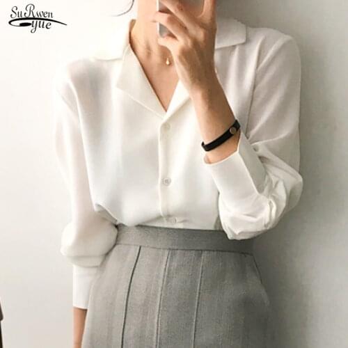 2021 Vintage Solid White Chiffon Blouse Tops Spring Cardigan Women Blouses Long Sleeve Women Shirts Clothes Blusas Mujer 9379 50