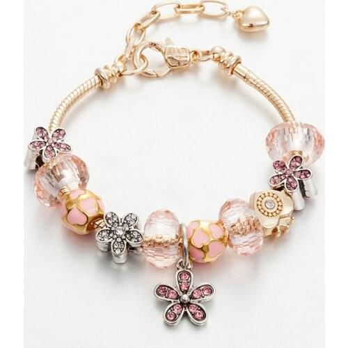 ANNAPAER New Arrival Charms Bracelet & Bangles Pink Flower Beads Pendant Bracelet for Women Diy Jewelry Fit Party B18005