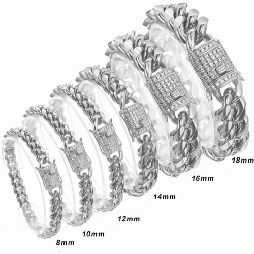 8/10/12/16/18mm CZ Zircon Stone Paved Stainless Steel Cuban Curb Miami Chain Link Bracelets for Male Boys Hip Hop Rock Jewelry