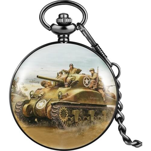Vintage Pocket Watch Comics World War II Tank Pattern Number Clear Dial Quartz Watch Pendant Retro Small Clock For Men Male