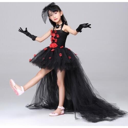 Black Flower Girls Party Dresses with Long Tail Tulle Train Vintage Red Children Flower Birthday Photograph Outfits with Hat