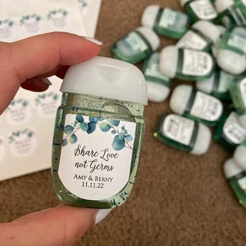 Hand Sanitizer Labels - Share Love Not Germs Eucalyptus Branch Wedding Favor Stickers Greenery Wedding Stickers Sanitizer Labels
