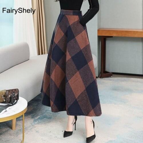 FairyShely 2020 Autumn Winter Retro High Waist Pleated Skirt Women Casual Pocket Woolen Maxi Skirt female Flare Plaid Long skirt