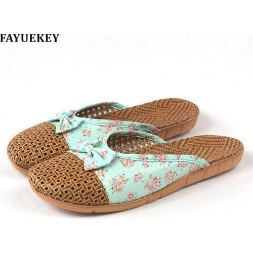 FAYUEKEY 18 New Fashion Summer Home Linen Cane Breathable Bowknot Slippers Women Indoor\Floor Beach Girls Slippers Slides Shoes