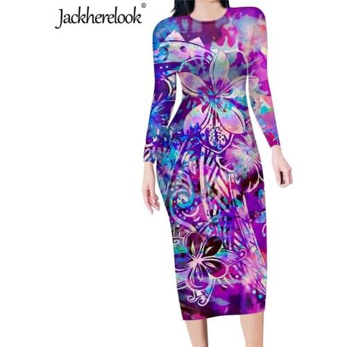 Jackherelook New Hawaiian Flower Art Brand Design Womens Sexy Long Sleeves Party Midi Dress Ladies Bodycon Pencil Vestidos 2020