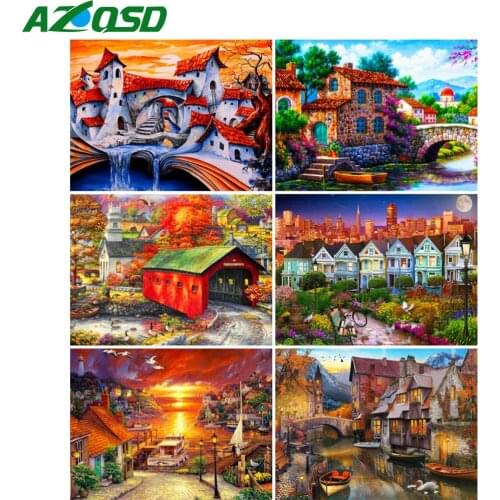 AZQSD Full Square Diamond Painting House Sunset Cross Stitch Diamond Embroidery Landscape Mosaic Rhinestones Handmade Home Decor