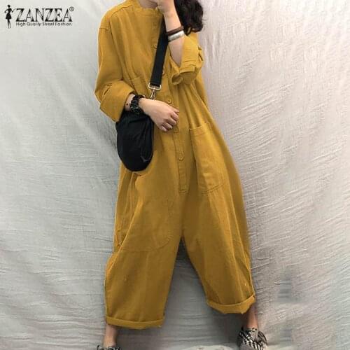 Vintage Solid Rompers Womens Autumn Jumpsuits ZANZEA 2021 Causal Long Sleeve Playsuits Female Button Pants Overalls
