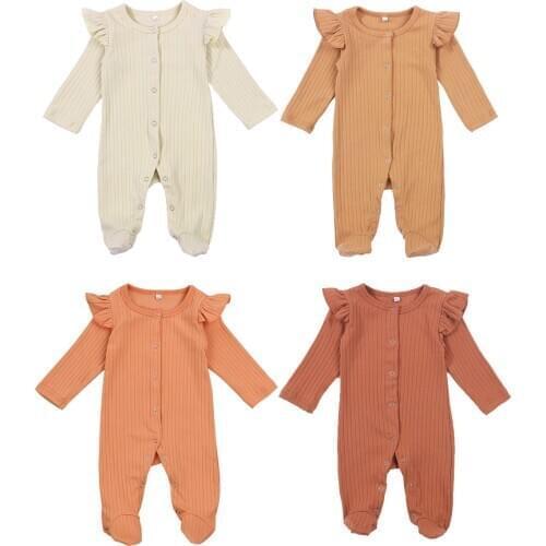 Infant Unisex Baby Girls Boys Footed Jumpsuits Ribbed Footies , Cute Ruffled Long Sleeve Solid Color Knitted One-Piece Pajamas