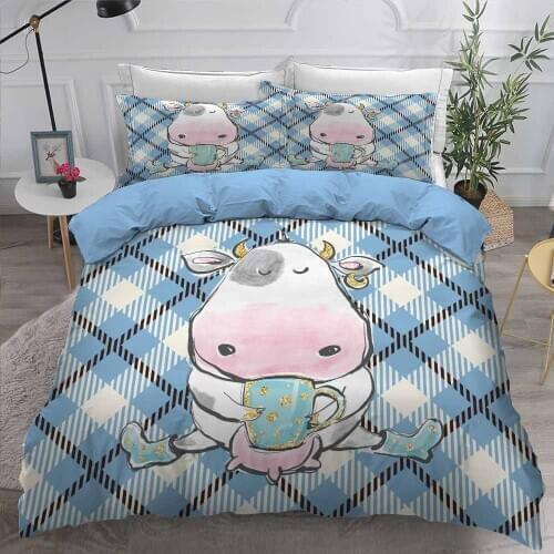 Liv-Esthete Wholes Cartoon Cow Spot Bedding Set Double Queen King Bed Linen Soft Duvet Cover Flat Sheet Pillowcase For Adult