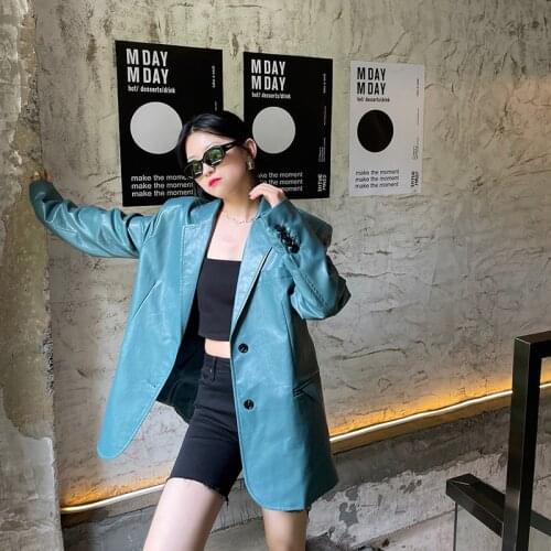 Korean Blue Faux PU Leather Jacket Women Loose Casual Spring Autumn Notched Collar Long Sleeve Suit Jacket Streetwear Fashion