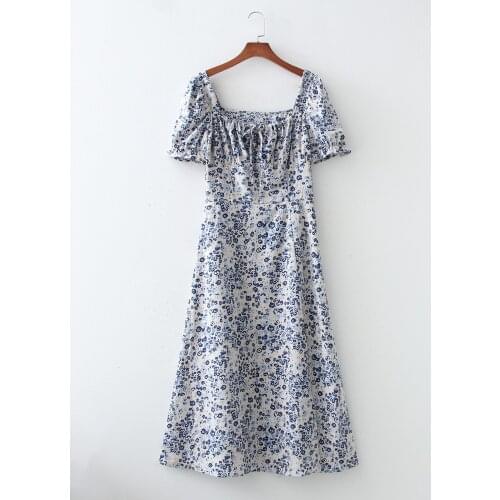 Summer Dress For Women 2021 Spring Autumn Square Collar Print Color Puff Sleeve Sexy Slit Backless Long Female Vestido C2618