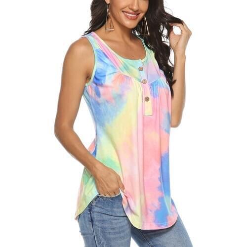 Summer Casual Loose Sleeveless Shirt Women Fashion Button Color Block Crew Neck Tanks Tops Vintage Pleated Vest Tunic Camisole
