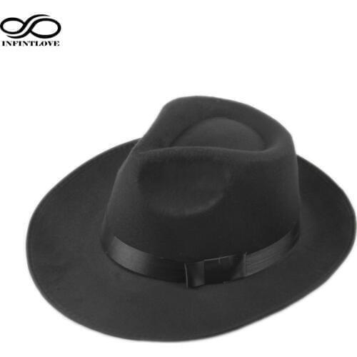 LUCKYLIANJI Vintage Men Women Hard Wool Felt Hat Wide Brim Fedora Trilby Panama Hat Gangster Cap (One Size:58cm)